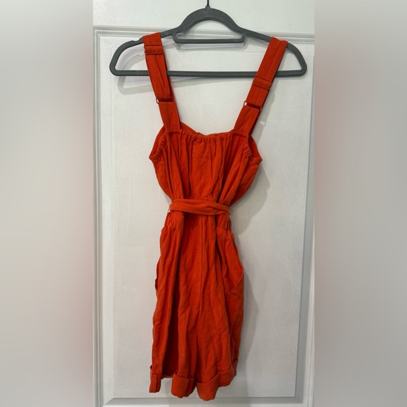 Urban Outfitters | SizeSmall Orange Linen Blend Sleeveless Belted Romper - Picture 3 of 4